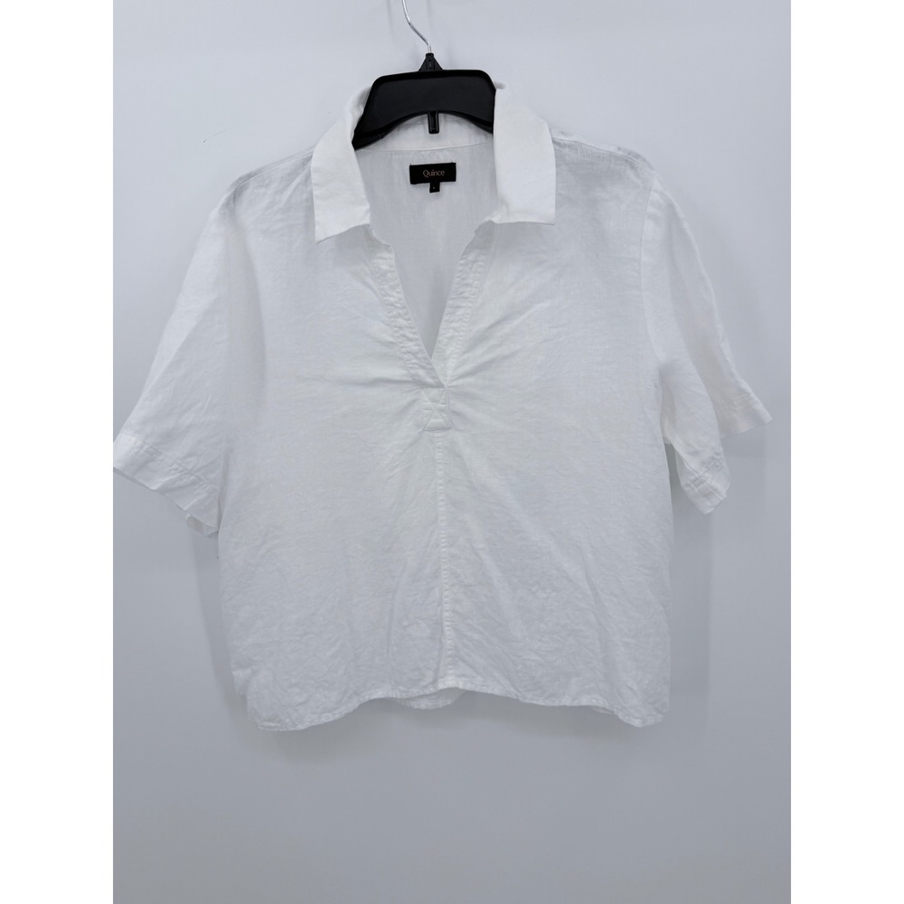 Quince Popover Top Women Large White 100% European Linen Short Sleeve